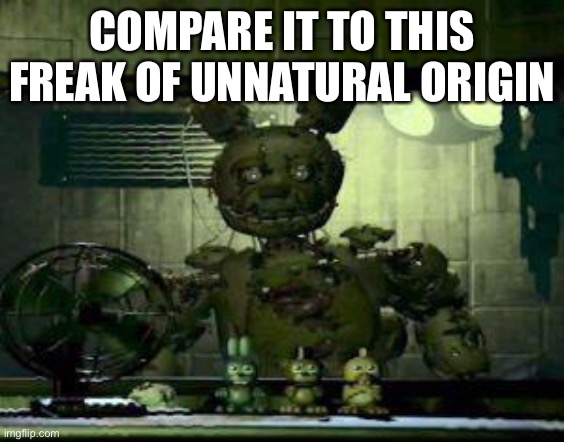 FNAF Springtrap in window | COMPARE IT TO THIS FREAK OF UNNATURAL ORIGIN | image tagged in fnaf springtrap in window | made w/ Imgflip meme maker