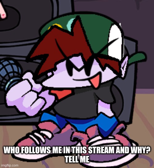FNF SusYoshi_Official | WHO FOLLOWS ME IN THIS STREAM AND WHY?
TELL ME | image tagged in fnf susyoshi_official | made w/ Imgflip meme maker