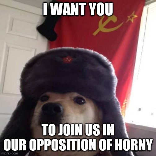 Russian Doge | I WANT YOU; TO JOIN US IN OUR OPPOSITION OF HORNY | image tagged in russian doge,memes | made w/ Imgflip meme maker