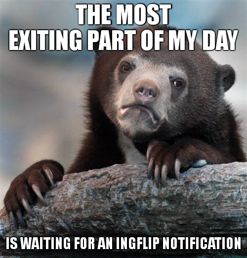 Confession Bear Meme | THE MOST EXITING PART OF MY DAY; IS WAITING FOR AN INGFLIP NOTIFICATION | image tagged in memes,confession bear | made w/ Imgflip meme maker