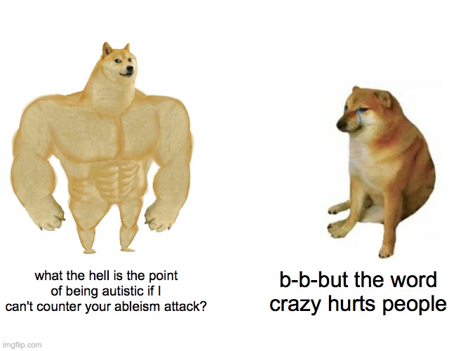 relax |  what the hell is the point of being autistic if I can't counter your ableism attack? b-b-but the word crazy hurts people | image tagged in memes,buff doge vs cheems | made w/ Imgflip meme maker