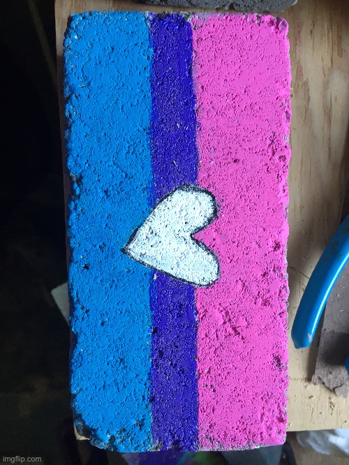 i painted this and it’s in our garden now, luckily my parents don’t know the bi flag colors! | image tagged in ik the purple looks like blue,its not a good picture,my bad | made w/ Imgflip meme maker