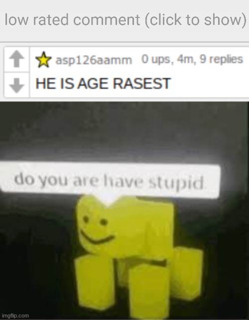 rasesm is not acceptable on imgflip, ESPECIALLY age rasesm | image tagged in low-rated comment imgflip,do you are have stupid,lowratedcomments,low rated comments | made w/ Imgflip meme maker