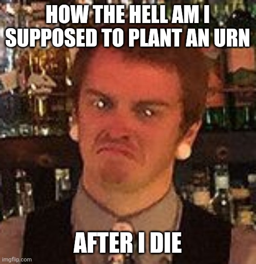 Annoyed Brian | HOW THE HELL AM I SUPPOSED TO PLANT AN URN AFTER I DIE | image tagged in annoyed brian | made w/ Imgflip meme maker