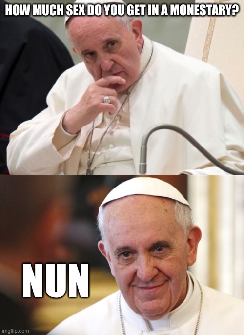 HOW MUCH SEX DO YOU GET IN A MONESTARY? NUN | image tagged in terrible puns,bad pun pope,memes,funny | made w/ Imgflip meme maker