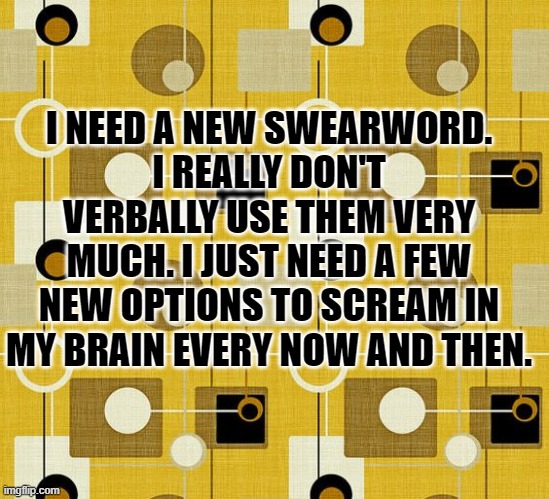 swearword | I NEED A NEW SWEARWORD.
I REALLY DON'T VERBALLY USE THEM VERY MUCH. I JUST NEED A FEW NEW OPTIONS TO SCREAM IN MY BRAIN EVERY NOW AND THEN. | image tagged in fun | made w/ Imgflip meme maker