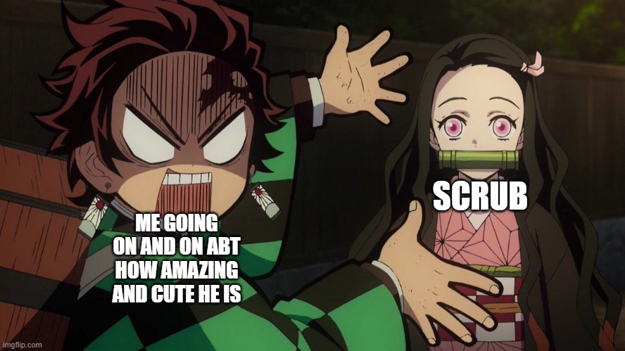 and ill continue doing it >:I | SCRUB; ME GOING ON AND ON ABT HOW AMAZING AND CUTE HE IS | image tagged in our nezuko | made w/ Imgflip meme maker