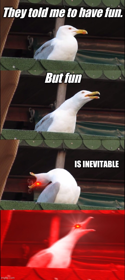 Inhaling Seagull Meme | They told me to have fun. But fun; IS INEVITABLE | image tagged in memes,inhaling seagull | made w/ Imgflip meme maker