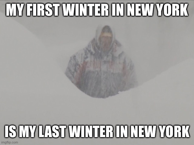 Snow Storm | MY FIRST WINTER IN NEW YORK; IS MY LAST WINTER IN NEW YORK | image tagged in snow storm | made w/ Imgflip meme maker