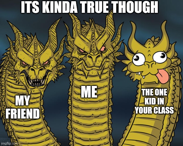 Three-headed Dragon | ITS KINDA TRUE THOUGH; ME; THE ONE KID IN YOUR CLASS; MY FRIEND | image tagged in three-headed dragon | made w/ Imgflip meme maker