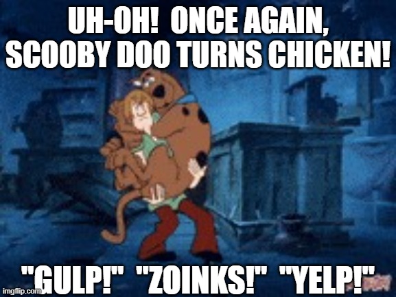 UH-OH!  ONCE AGAIN, SCOOBY DOO TURNS CHICKEN! "GULP!"  "ZOINKS!"  "YELP!" | image tagged in scared scooby doo 21 | made w/ Imgflip meme maker