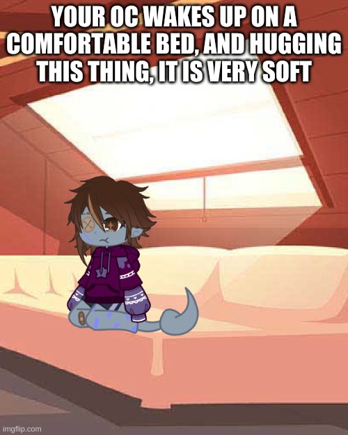 No op ocs please | YOUR OC WAKES UP ON A COMFORTABLE BED, AND HUGGING THIS THING, IT IS VERY SOFT | made w/ Imgflip meme maker