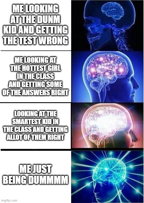 Expanding Brain | ME LOOKING AT THE DUNM KID AND GETTING THE TEST WRONG; ME LOOKING AT THE HOTTEST GIRL IN THE CLASS AND GETTING SOME OF THE ANSWERS RIGHT; LOOKING AT THE SMARTEST KID IN THE CLASS AND GETTING ALLOT OF THEM RIGHT; ME JUST BEING DUMMMM | image tagged in memes,expanding brain | made w/ Imgflip meme maker