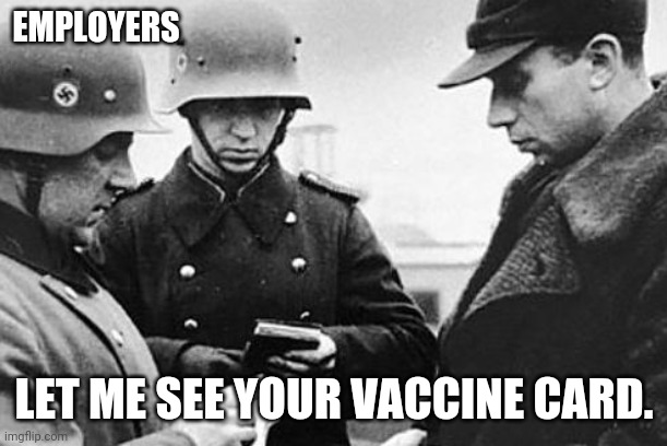 Everyone is fine with this I guess. | EMPLOYERS; LET ME SEE YOUR VACCINE CARD. | image tagged in papers,vaccine,card,coronavirus,nazis | made w/ Imgflip meme maker