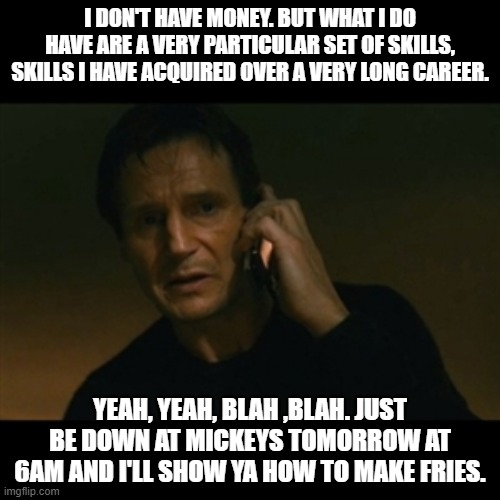 Résumé | I DON'T HAVE MONEY. BUT WHAT I DO HAVE ARE A VERY PARTICULAR SET OF SKILLS, SKILLS I HAVE ACQUIRED OVER A VERY LONG CAREER. YEAH, YEAH, BLAH ,BLAH. JUST BE DOWN AT MICKEYS TOMORROW AT 6AM AND I'LL SHOW YA HOW TO MAKE FRIES. | image tagged in memes,liam neeson taken | made w/ Imgflip meme maker