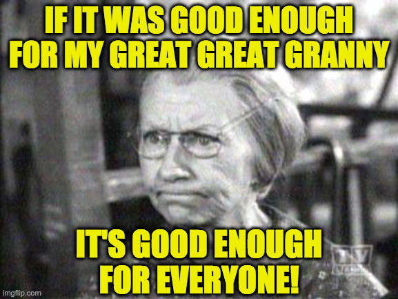 Granny Clampett | IF IT WAS GOOD ENOUGH FOR MY GREAT GREAT GRANNY IT'S GOOD ENOUGH
FOR EVERYONE! | image tagged in granny clampett | made w/ Imgflip meme maker