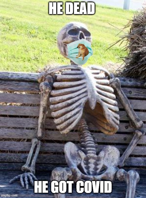 ha | HE DEAD; HE GOT COVID | image tagged in memes,waiting skeleton | made w/ Imgflip meme maker