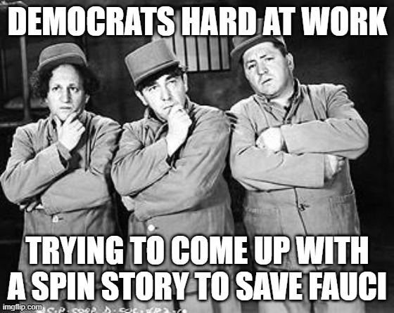 Saving Fauci |  DEMOCRATS HARD AT WORK; TRYING TO COME UP WITH A SPIN STORY TO SAVE FAUCI | image tagged in three stooges thinking | made w/ Imgflip meme maker
