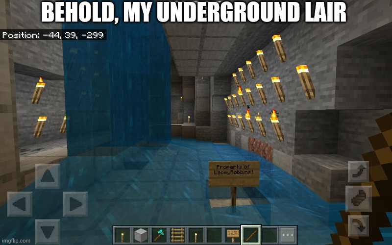 It Still Needs Work (and yes I'm still pretty new to Minecraft) | BEHOLD, MY UNDERGROUND LAIR | image tagged in on my phone in minecraft | made w/ Imgflip meme maker
