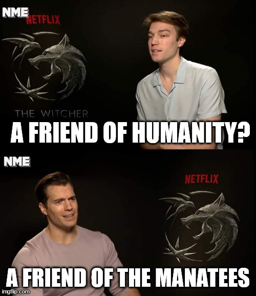 A friend of the manatees | A FRIEND OF HUMANITY? A FRIEND OF THE MANATEES | image tagged in henry cavill,the witcher,manatee,netflix,humanity | made w/ Imgflip meme maker