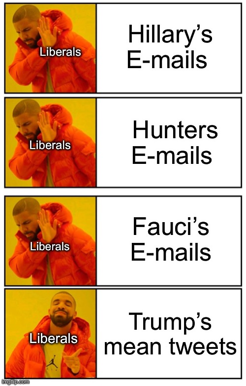 Drake 4 panel yes no approval disapprove | Liberals; Hillary’s E-mails; Hunters E-mails; Liberals; Fauci’s E-mails; Liberals; Trump’s mean tweets; Liberals | image tagged in drake 4 panel yes no approval disapprove,politics | made w/ Imgflip meme maker