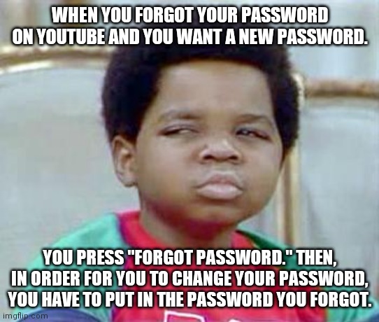 Whatchu Talkin' Bout, Willis? |  WHEN YOU FORGOT YOUR PASSWORD ON YOUTUBE AND YOU WANT A NEW PASSWORD. YOU PRESS "FORGOT PASSWORD." THEN, IN ORDER FOR YOU TO CHANGE YOUR PASSWORD, YOU HAVE TO PUT IN THE PASSWORD YOU FORGOT. | image tagged in whatchu talkin' bout willis | made w/ Imgflip meme maker