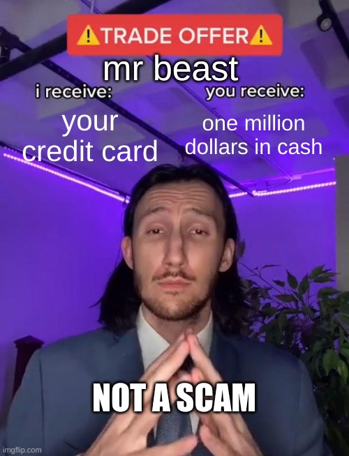 if you give me your credit card | mr beast; your credit card; one million dollars in cash; NOT A SCAM | image tagged in trade offer | made w/ Imgflip meme maker