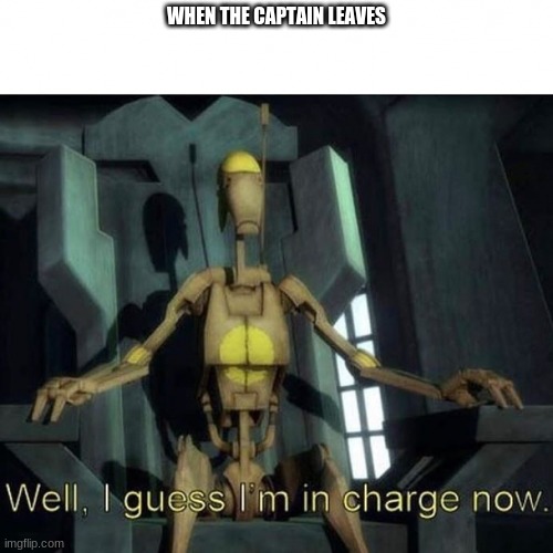 pretty much that scene in that episode | WHEN THE CAPTAIN LEAVES | image tagged in guess i'm in charge | made w/ Imgflip meme maker