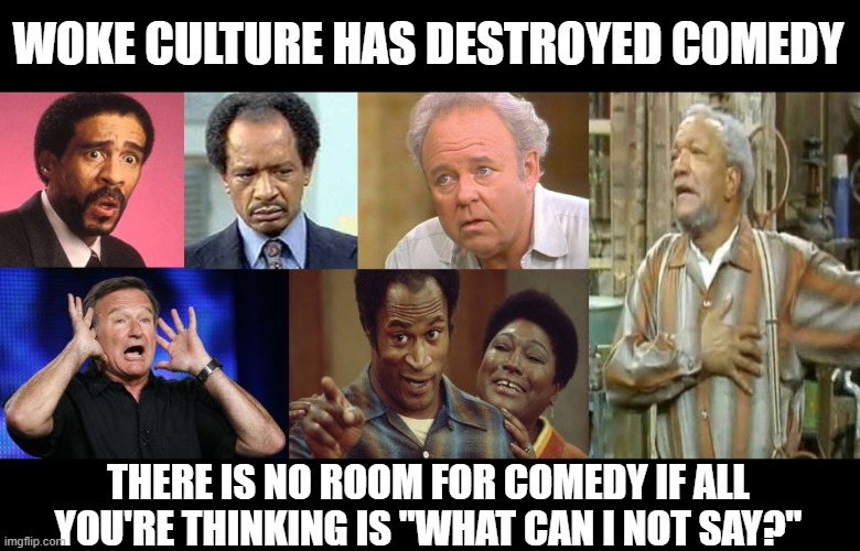 Everyone deserves to be offended by comedians. It's their JOB! | WOKE CULTURE HAS DESTROYED COMEDY; THERE IS NO ROOM FOR COMEDY IF ALL YOU'RE THINKING IS "WHAT CAN I NOT SAY?" | image tagged in first amendment,comedian,cancel culture,sanford and son,archie bunker,robin williams | made w/ Imgflip meme maker