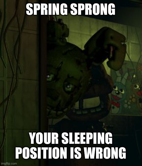 Spring Sprong | SPRING SPRONG; YOUR SLEEPING POSITION IS WRONG | image tagged in springtrap in door,springtrap,fnaf,funny,funny memes | made w/ Imgflip meme maker