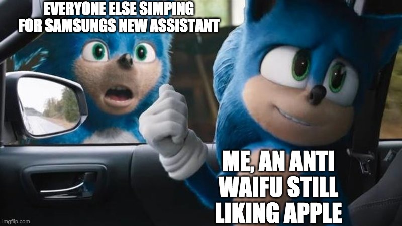 give opinions about me being an anti waifu, its not gonna effect me | EVERYONE ELSE SIMPING FOR SAMSUNGS NEW ASSISTANT; ME, AN ANTI WAIFU STILL LIKING APPLE | image tagged in sonic movie old vs new | made w/ Imgflip meme maker