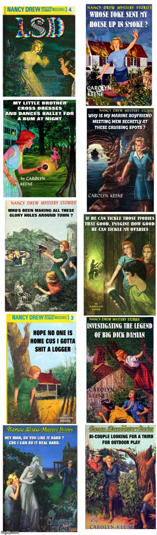 image tagged in nancy drew,mysteries,books,titles,mystery,stories | made w/ Imgflip meme maker