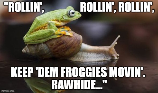 Funny frog riding on a snail - "Rollin', rollin', rollin', keep 'dem froggies movin'. Rawhide" |  "ROLLIN',                 ROLLIN', ROLLIN', KEEP 'DEM FROGGIES MOVIN'. 
RAWHIDE..." | image tagged in humor,funny meme,funny animals,frog,snail,tv series | made w/ Imgflip meme maker