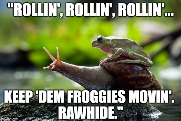 Funny frog riding home on a snail - "Rollin', rollin', rollin', keep 'dem froggies movin'. Rawhide" | "ROLLIN', ROLLIN', ROLLIN'... KEEP 'DEM FROGGIES MOVIN'. 
RAWHIDE." | image tagged in humor,funny animals,frog,snail,memes,tv series | made w/ Imgflip meme maker