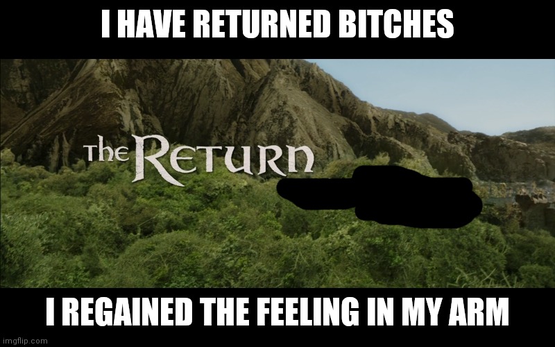 The Return | I HAVE RETURNED BITCHES; I REGAINED THE FEELING IN MY ARM | image tagged in the return | made w/ Imgflip meme maker