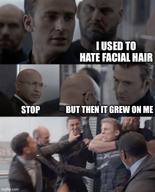 Captain America Facial Hair | I USED TO HATE FACIAL HAIR; STOP; BUT THEN IT GREW ON ME | image tagged in captain america elevator | made w/ Imgflip meme maker