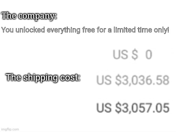 Congratulations! This discount is JUST for YOU! | The company:; You unlocked everything free for a limited time only! The shipping cost: | image tagged in false advertising,free,shopping,shipping | made w/ Imgflip meme maker
