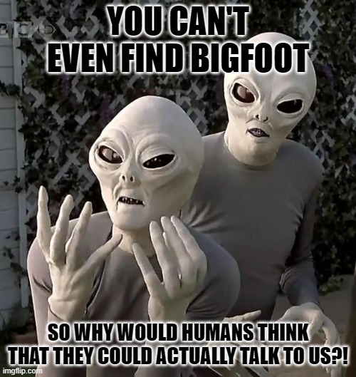 aliens2 | YOU CAN'T EVEN FIND BIGFOOT; SO WHY WOULD HUMANS THINK THAT THEY COULD ACTUALLY TALK TO US?! | image tagged in aliens2 | made w/ Imgflip meme maker
