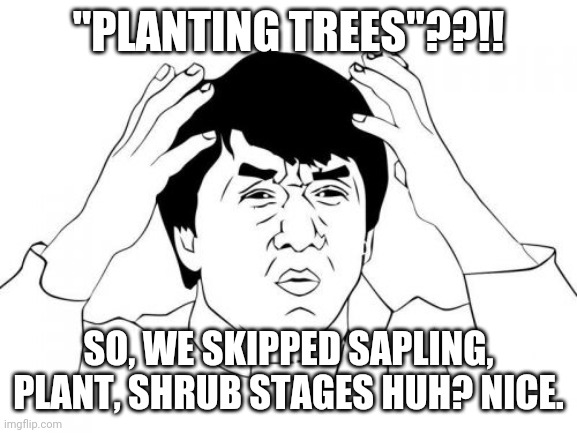 Jackie Chan WTF Meme | "PLANTING TREES"??!! SO, WE SKIPPED SAPLING, PLANT, SHRUB STAGES HUH? NICE. | image tagged in memes,jackie chan wtf | made w/ Imgflip meme maker