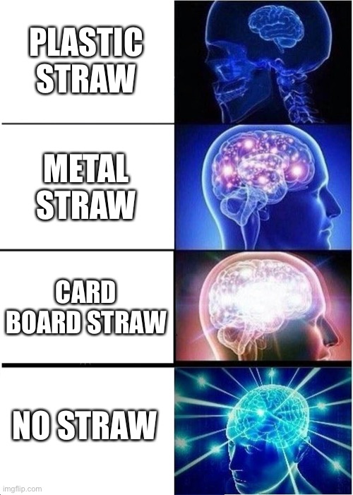 Expanding Brain | PLASTIC STRAW; METAL STRAW; CARD BOARD STRAW; NO STRAW | image tagged in memes,expanding brain | made w/ Imgflip meme maker