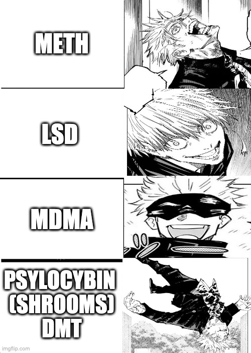 Gojo Satoru on Drugs | METH; LSD; MDMA; PSYLOCYBIN 
(SHROOMS)
DMT | image tagged in memes,expanding brain,jujutsu kaisen,gojo satoru | made w/ Imgflip meme maker