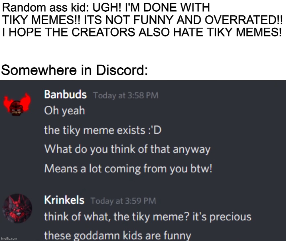 Random ass kid: UGH! I'M DONE WITH TIKY MEMES!! ITS NOT FUNNY AND OVERRATED!! I HOPE THE CREATORS ALSO HATE TIKY MEMES! Somewhere in Discord: | made w/ Imgflip meme maker