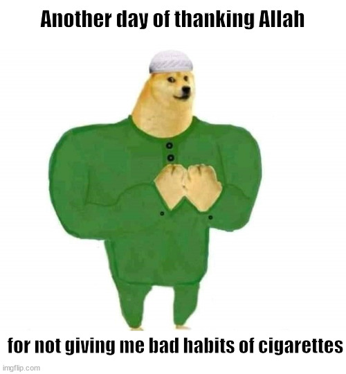 Giving thanks | Another day of thanking Allah; for not giving me bad habits of cigarettes | image tagged in chad | made w/ Imgflip meme maker
