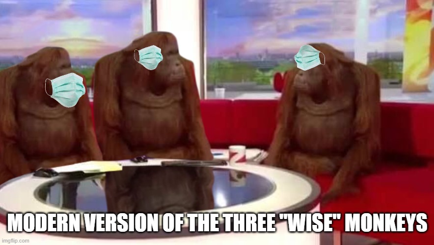 Three wise monkeys, 2021 | MODERN VERSION OF THE THREE "WISE" MONKEYS | image tagged in three monkeys,2021,facemasks | made w/ Imgflip meme maker