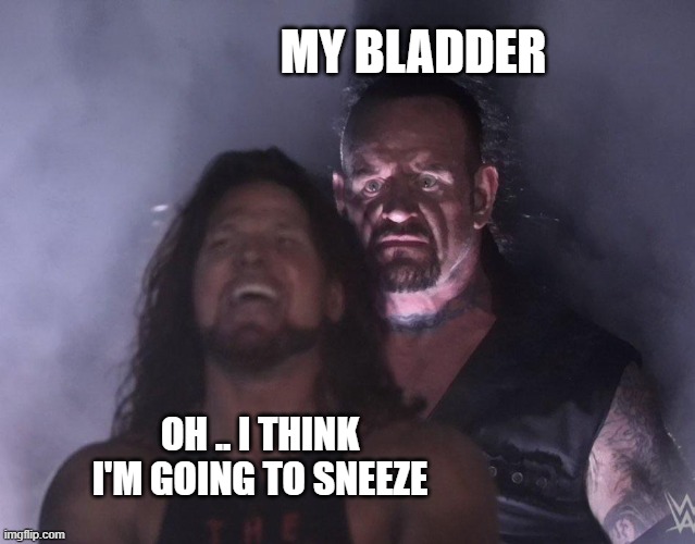 Sneeze | MY BLADDER; OH .. I THINK I'M GOING TO SNEEZE | image tagged in undertaker | made w/ Imgflip meme maker