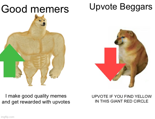 Begging is annoying on this site. | Upvote Beggars; Good memers; I make good quality memes and get rewarded with upvotes; UPVOTE IF YOU FIND YELLOW IN THIS GIANT RED CIRCLE | image tagged in memes,upvotes,upvote,downvote,upvote begging,imgflip upvote | made w/ Imgflip meme maker