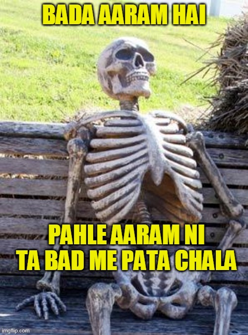 Waiting Skeleton Meme | BADA AARAM HAI; PAHLE AARAM NI TA BAD ME PATA CHALA | image tagged in memes,waiting skeleton | made w/ Imgflip meme maker