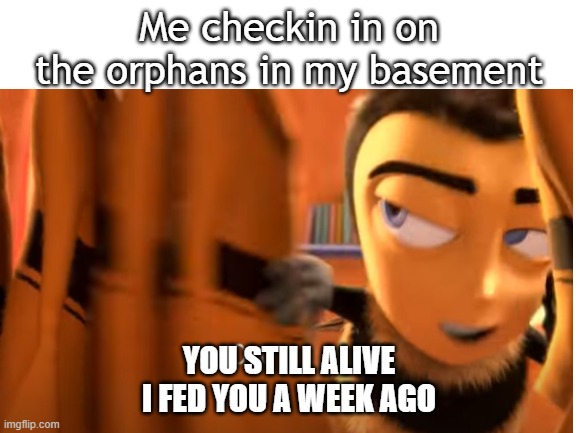 You still alive? | Me checkin in on the orphans in my basement; YOU STILL ALIVE I FED YOU A WEEK AGO | image tagged in orphans | made w/ Imgflip meme maker