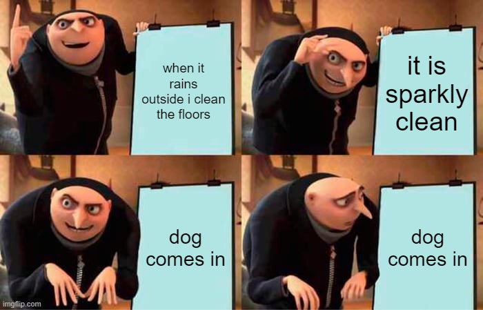 funny | when it rains outside i clean the floors; it is sparkly clean; dog comes in; dog comes in | image tagged in memes,gru's plan | made w/ Imgflip meme maker