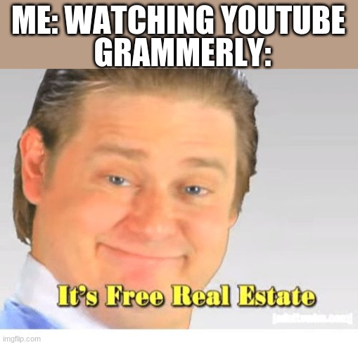 i get grammarly ads way too often | GRAMMERLY:; ME: WATCHING YOUTUBE | image tagged in it's free real estate,so true memes | made w/ Imgflip meme maker